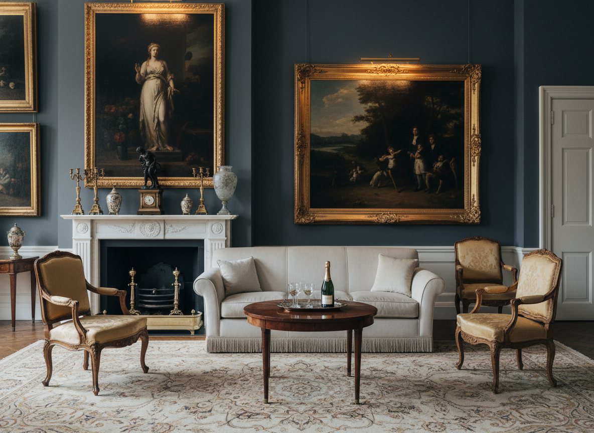 A refined estate interior with paintings and antiques in warm, museum-quality light.
