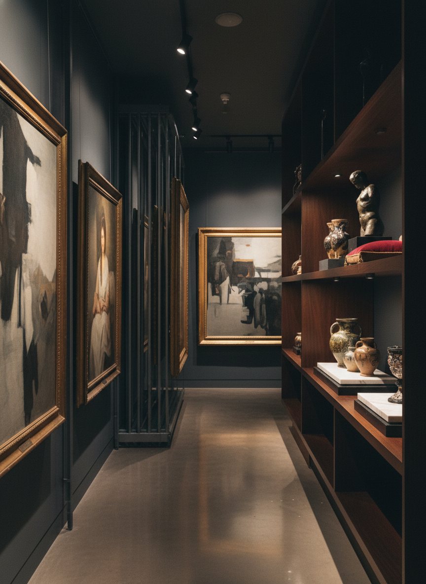 A museum-style vault interior with framed artwork and objects in warm, controlled light.